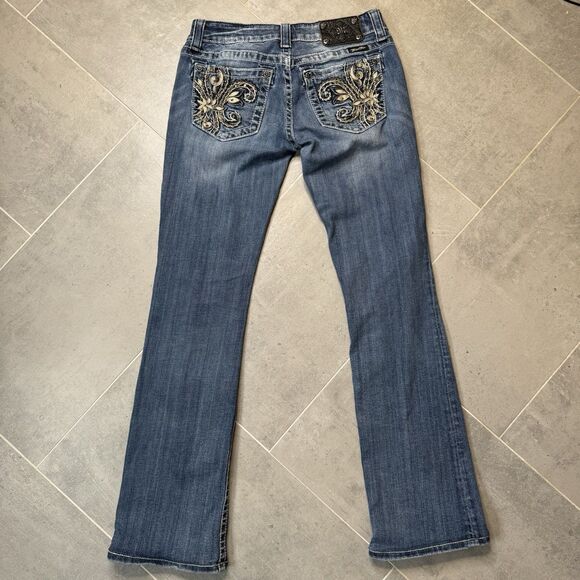 Miss Me JP5465B3 Bootcut Jeans Womens 28 Distressed Fleur-de-Lis Blue Denim - Picture 13 of 13